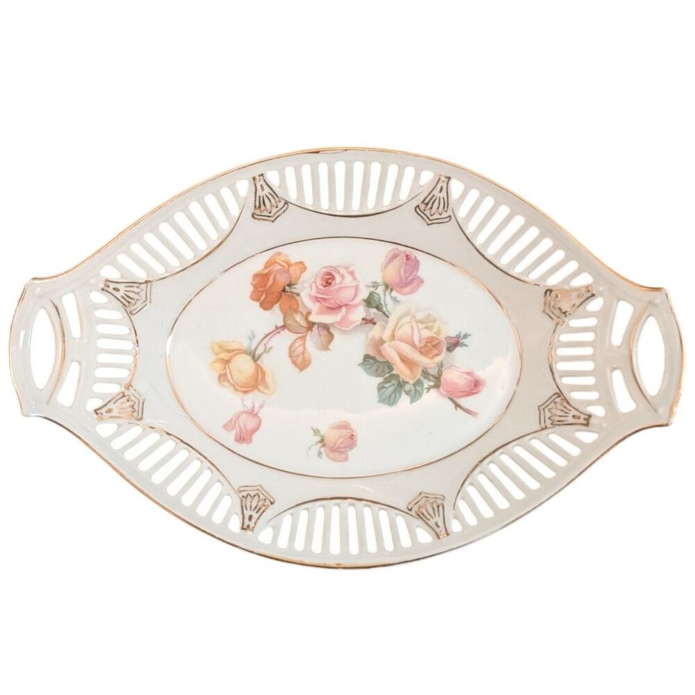 Vintage German Porcelain Pierced Lattice Rose Floral Bread Serving Bowl